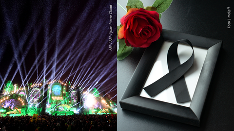 A la derecha el escenario del festival Tomorrowland y al izquierda una cinta y una rosa en señal de luto.