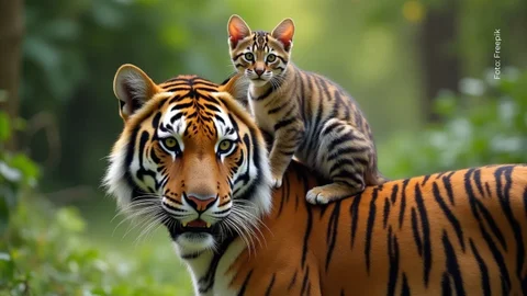 Video de un gato acostado sobre un tigre