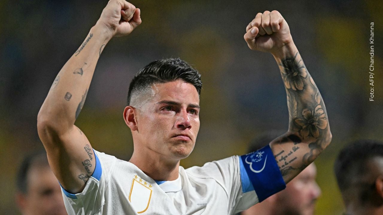 James Rodríguez celebra la victoria contra Uruguay en el torneo Copa América Conmebol 2024