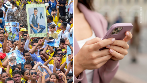 Fanáticos de Martín Elías le dieron el último adiós - Mujer chateando con su celular.