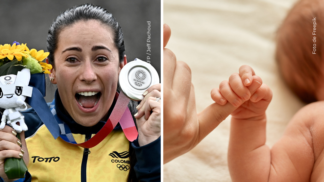Mariana Pajón celebra en el podio la victoria en la prueba femenina de ciclismo BMX.
