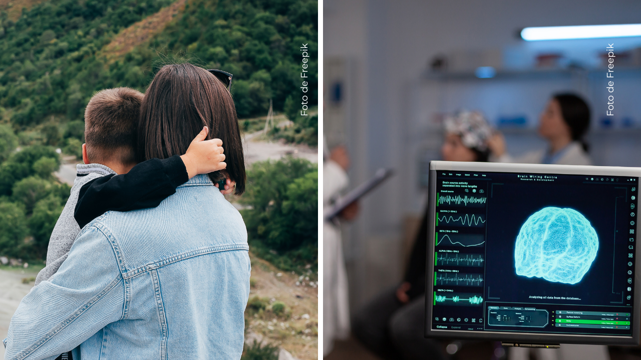 Mujer sosteniendo a su hijo - Examen cerebral.