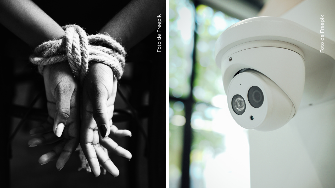 Persona atada de sus manos - Cámara de seguridad.