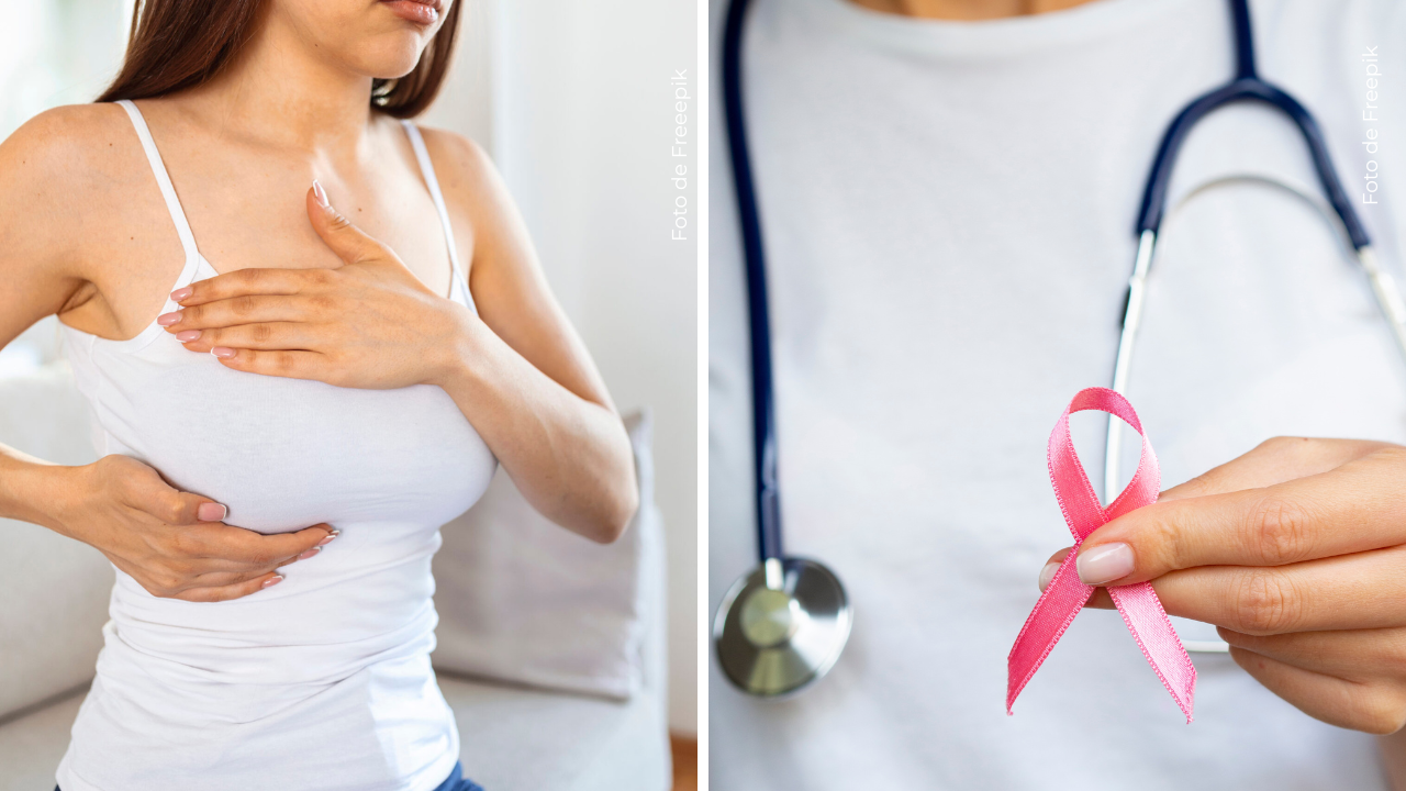 Mujer haciéndose el autoexamen - Médica con cinta rosa.