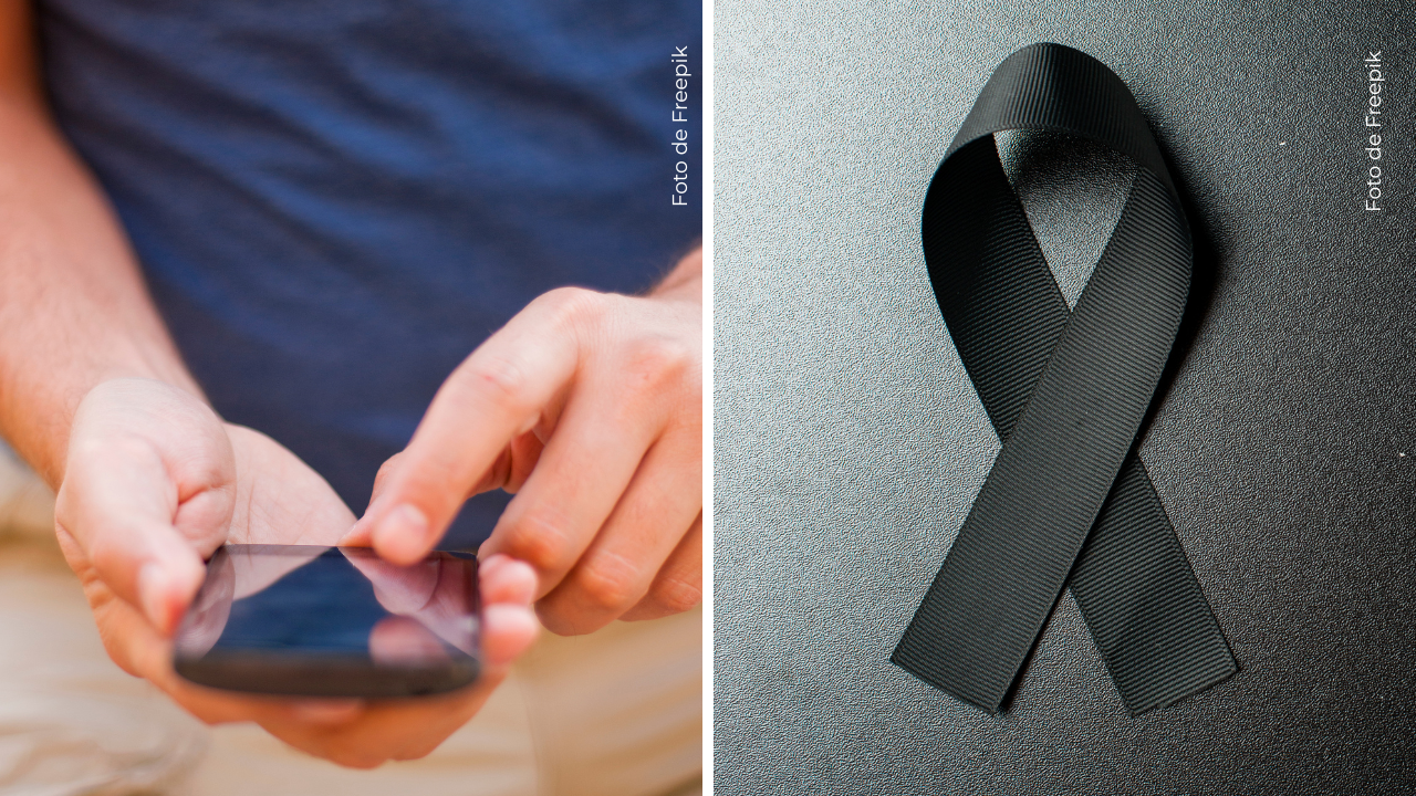 Hombre con un celular en la mano - Cinta de luto.