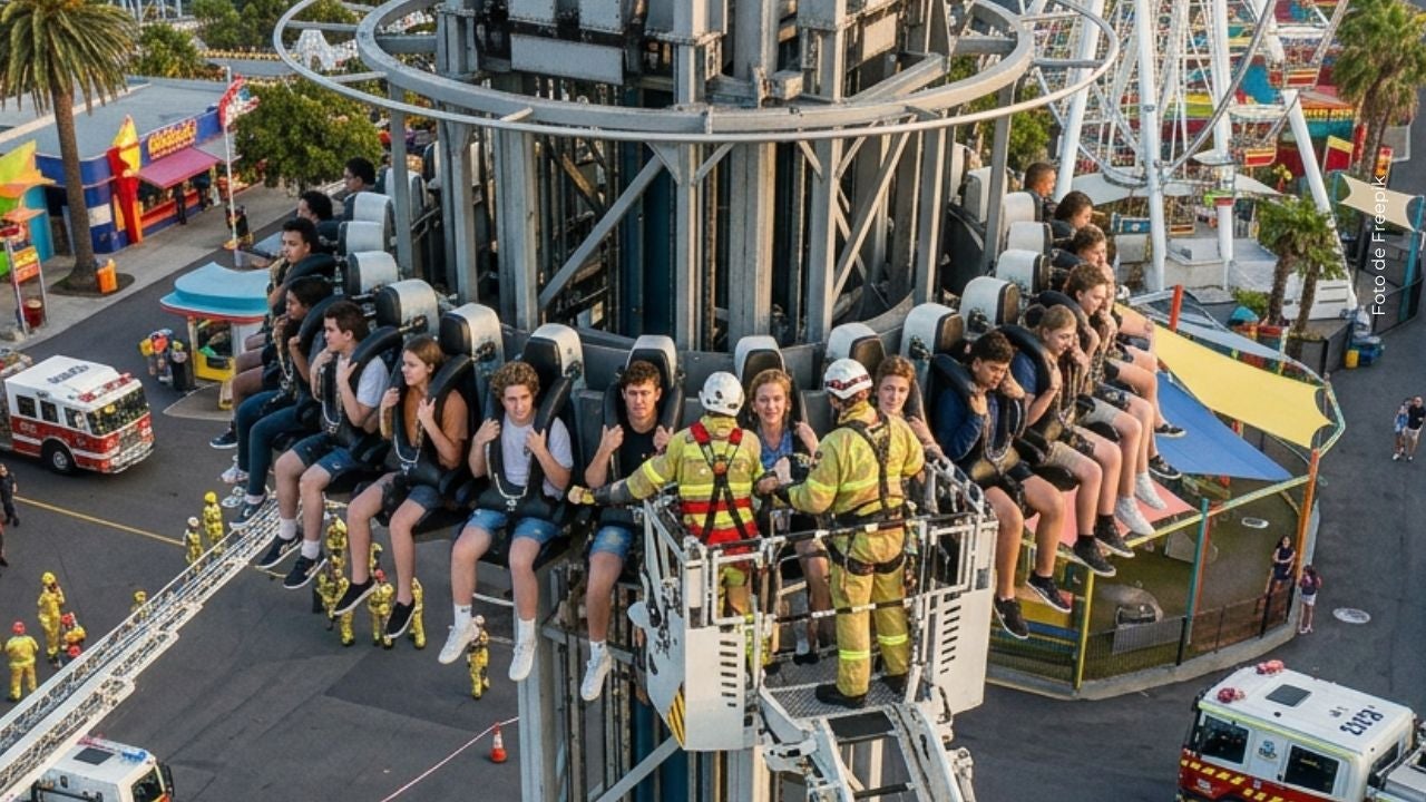 Un grupo de personas quedó atrapado en lo alto de una atracción mecánica por una falla.