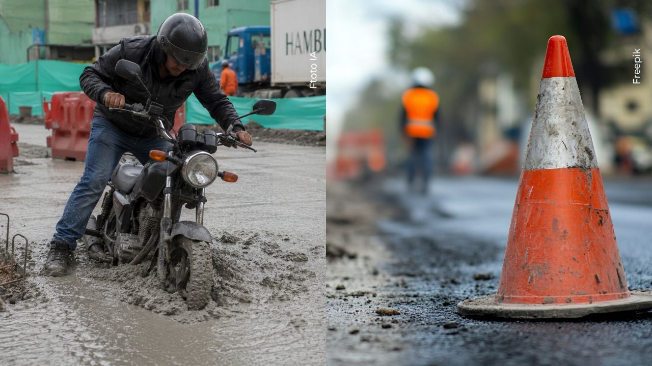 Motociclista atrapado en cemento fresco