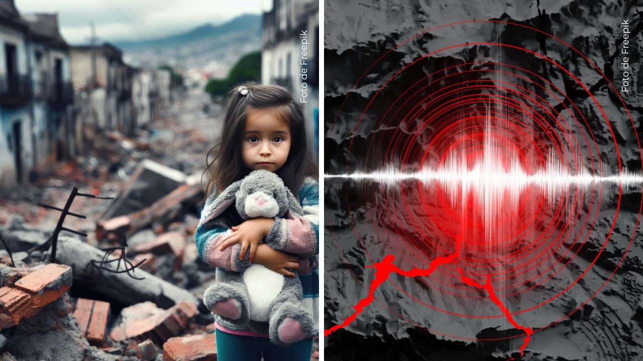 Imagen generada con IA de una niña tras un terremoto - Ilustración de un sismo.